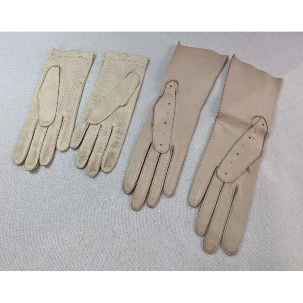 Leather Gloves Women SM Cream Tan Fair Vintage Perforated 2 Pair Set